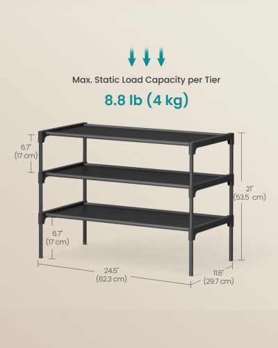 Cipőtartó polc 3 szintes fém vázzal, fekete 30x30x90cm
