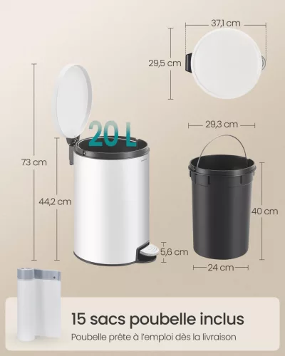 Kerek szemetes, 20L, fém, pedálos, levehető belső vödör, felhő fehér