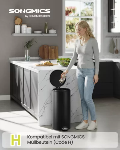 Kerek szemetes 30L, pedálos, acél, lágy záródás, fekete