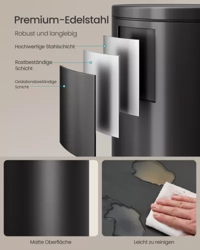 Kerek szemetes 30L, pedálos, acél, lágy záródás, fekete