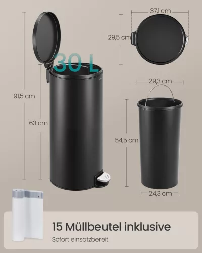 Kerek szemetes 30L, pedálos, acél, lágy záródás, fekete