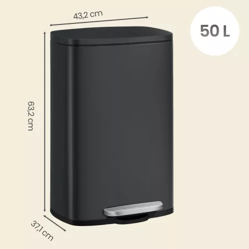 Szemetes kuka, 50 L, pedálos, lágyan záródó, belső vödörrel, fekete, 43 x 37 x 63 cm