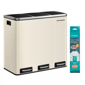   Három rekeszes konyhai szemetes kuka, 3 x 18L, pedálos, lágyan záródó, acél, homokszínű