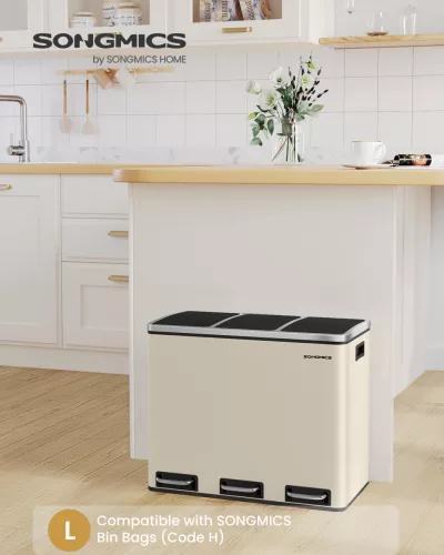 Három rekeszes konyhai szemetes kuka, 3 x 18L, pedálos, lágyan záródó, acél, homokszínű