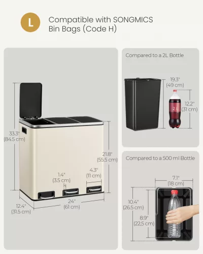 Három rekeszes konyhai szemetes kuka, 3 x 18L, pedálos, lágyan záródó, acél, homokszínű