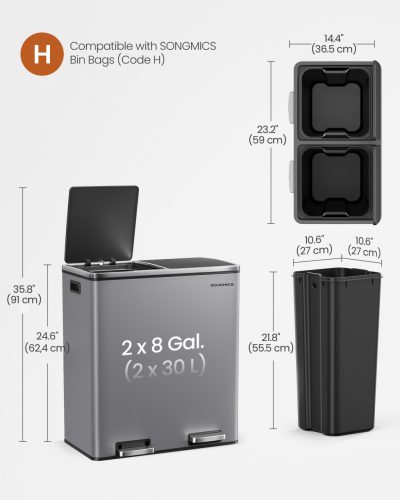 Szelektív szemeteskuka 2x30L, fém, 2 rekeszes, pedálos, lágyan záródó, antracit