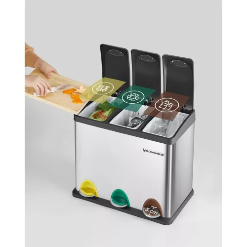 SONGMICS Hulladékgyűjtő, 3 az 1-ben lábbal működtethető kuka, 24 literes fém szemetes,