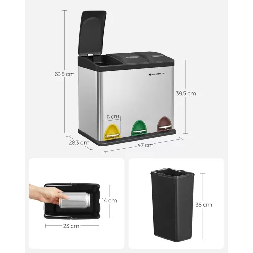SONGMICS Hulladékgyűjtő, 3 az 1-ben lábbal működtethető kuka, 24 literes fém szemetes,