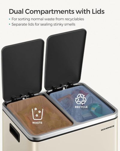 Szelektív szemeteskuka 2x15L, pedálos, lágyan záródó, acél, homokbézs és tinta