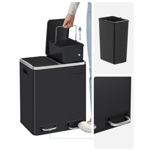 SONGMICS Konyhai Szemetes, 2 x 15 L Acél Szemetes, Pedálos Szemetes Belső Vödrökkel