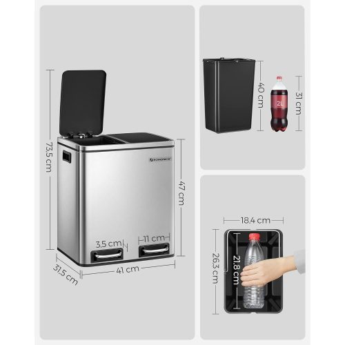 SONGMICS Újrahasznosító kuka, 2 x 15L acél szemetes kuka, lépéses kuka belső vödörrel és