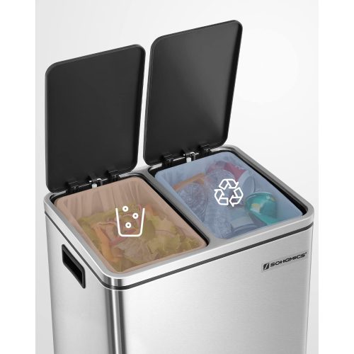 SONGMICS Újrahasznosító kuka, 2 x 15L acél szemetes kuka, lépéses kuka belső vödörrel és