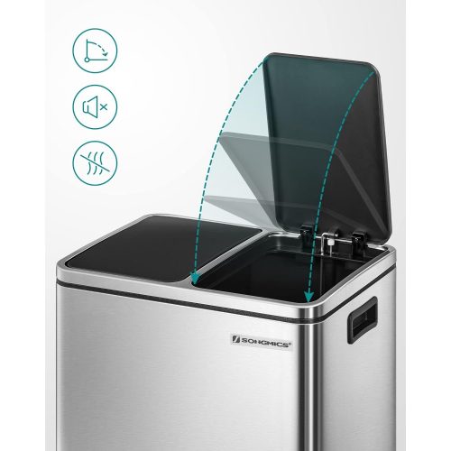 SONGMICS Újrahasznosító kuka, 2 x 15L acél szemetes kuka, lépéses kuka belső vödörrel és