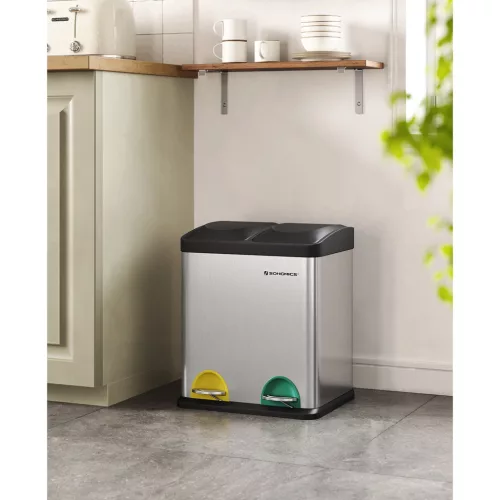 Szelektív szemetes, 30L, 2x15L, belső vödrökkel, színkódolt pedálok, ezüst és