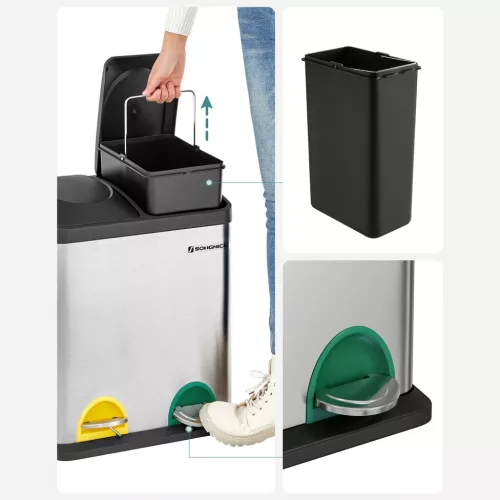 Szelektív szemetes, 30L, 2x15L, belső vödrökkel, színkódolt pedálok, ezüst és