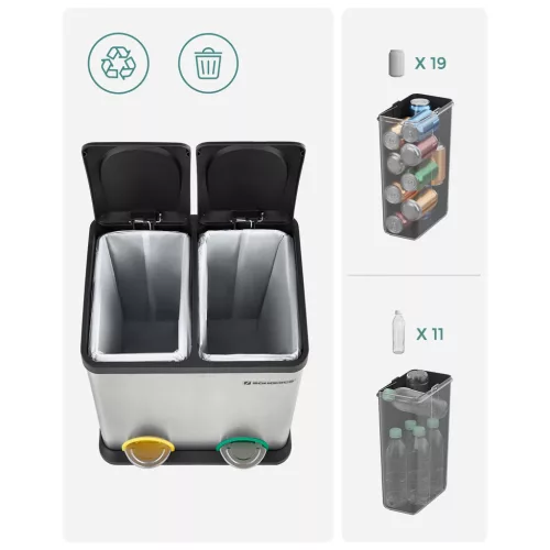 Szelektív szemetes, 30L, 2x15L, belső vödrökkel, színkódolt pedálok, ezüst és
