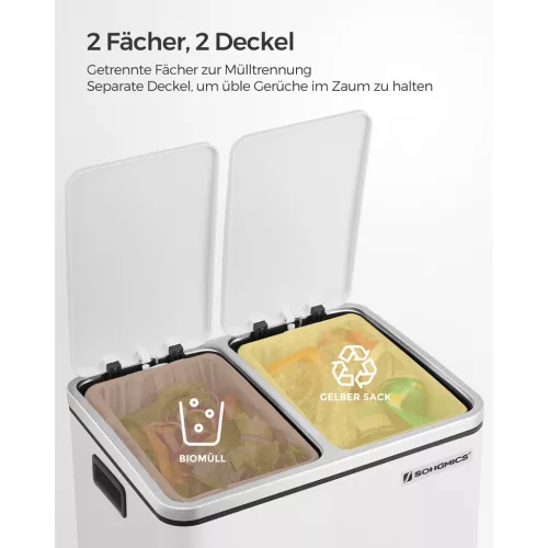 SONGMICS Konyhai Szemetes, 2 x 15 L Acél Szemetes, Pedálos Szemetes Belső Vödrökkel