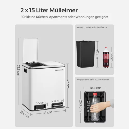 SONGMICS Konyhai Szemetes, 2 x 15 L Acél Szemetes, Pedálos Szemetes Belső Vödrökkel