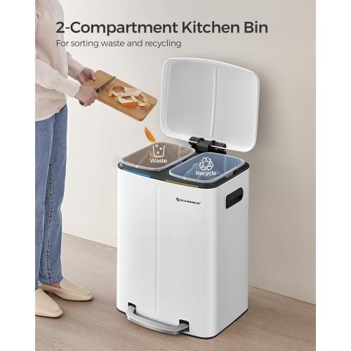 SONGMICS Dupla szemetes, 2 x 20 L konyhai szemetes, két rekeszes fém lábas szemetes, műanyag
