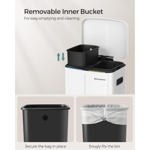 SONGMICS Dupla szemetes, 2 x 20 L konyhai szemetes, két rekeszes fém lábas szemetes, műanyag