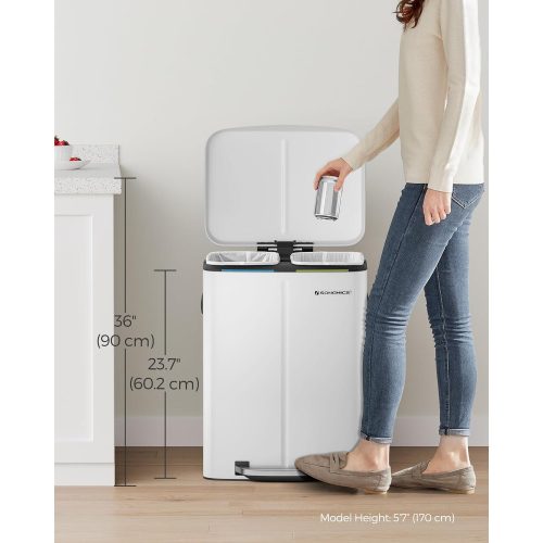 SONGMICS Dupla szemetes, 2 x 20 L konyhai szemetes, két rekeszes fém lábas szemetes, műanyag