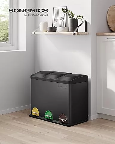 SONGMICS Háromrészes Konyhai Hulladékgyűjtő, Pedálos, Fém, Fekete