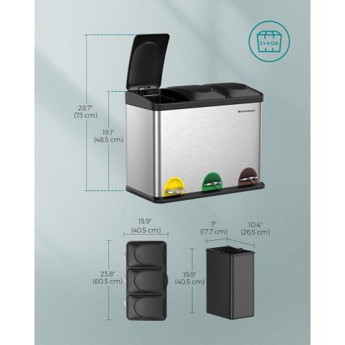 SONGMICS Újrahasznosító kuka, lábas kuka, 45 literes fém szemetes, hulladék szétválasztó