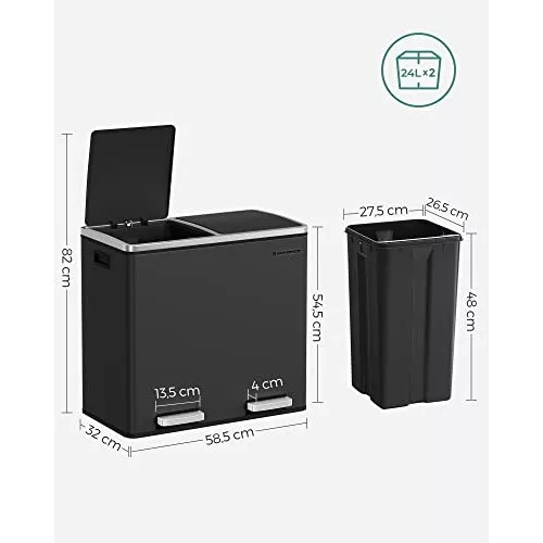 Kétrekeszes szemetes, 2 x 24L, lábpedálos, fekete