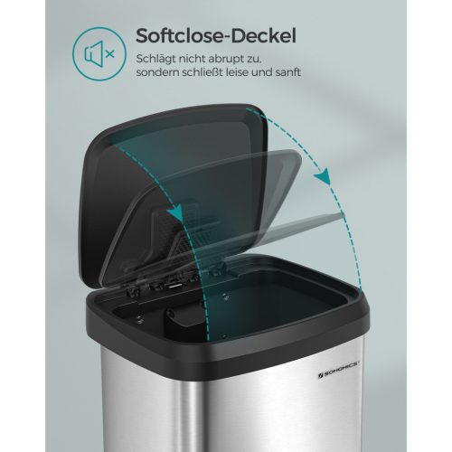 Szemeteskuka, 68L, pedálos, acél, lágy záródású, ezüst és fekete 30x30x70 cm