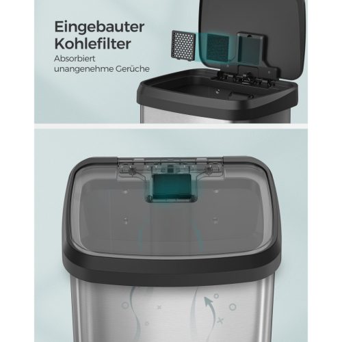 Szemeteskuka, 68L, pedálos, acél, lágy záródású, ezüst és fekete 30x30x70 cm