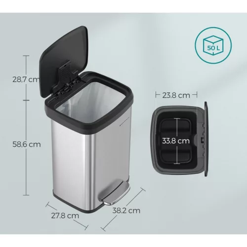 Konyhai szemetes 50L, pedálos, fém, fedéllel, ezüst és fekete