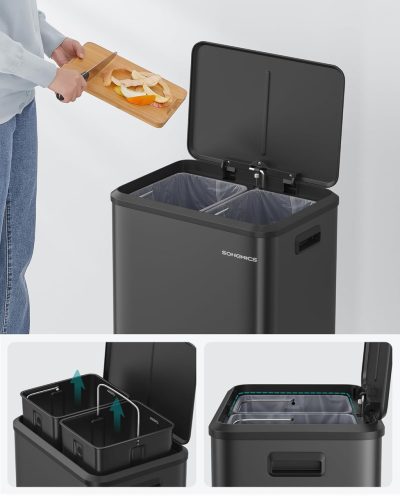 Szelektív szemeteskuka 2x15L, pedálos, rozsdamentes acél, légmentes, 41x31x47cm
