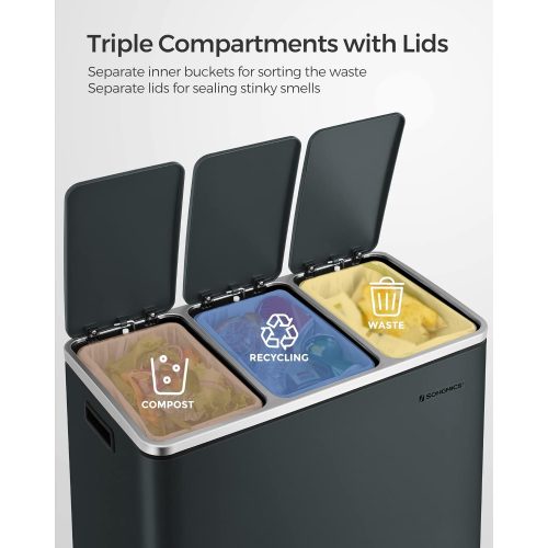 SONGMICS Hulladékgyűjtő, 3 x 18 L-es háromrekesszes konyhai szemetes, lábbal működtethető,