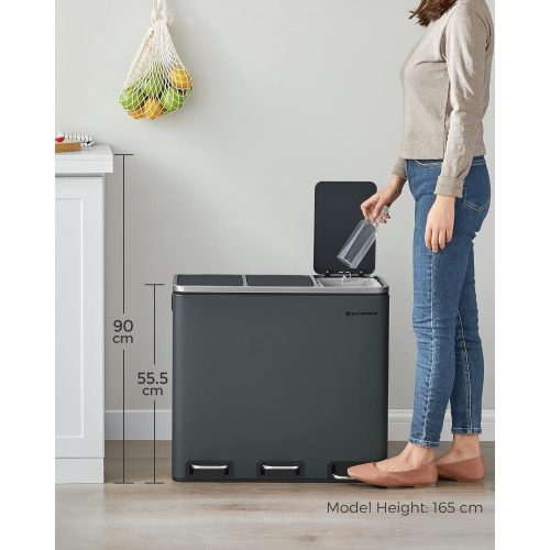 SONGMICS Hulladékgyűjtő, 3 x 18 L-es háromrekesszes konyhai szemetes, lábbal működtethető,