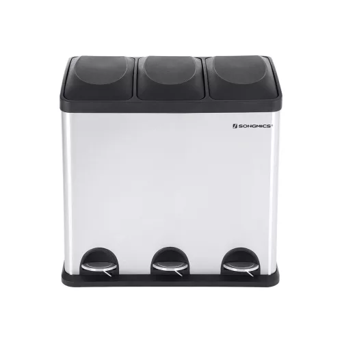 Szelektív szemeteskuka 54L, acél, pedálos, 3 rekeszes, ezüst és fekete