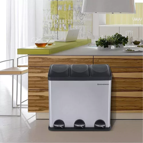 Szelektív szemeteskuka 54L, acél, pedálos, 3 rekeszes, ezüst és fekete