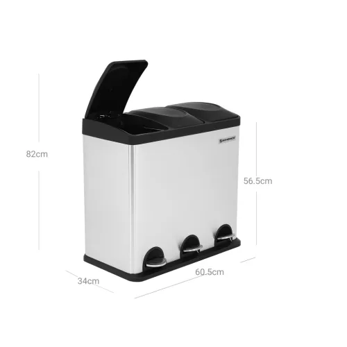 Szelektív szemeteskuka 54L, acél, pedálos, 3 rekeszes, ezüst és fekete