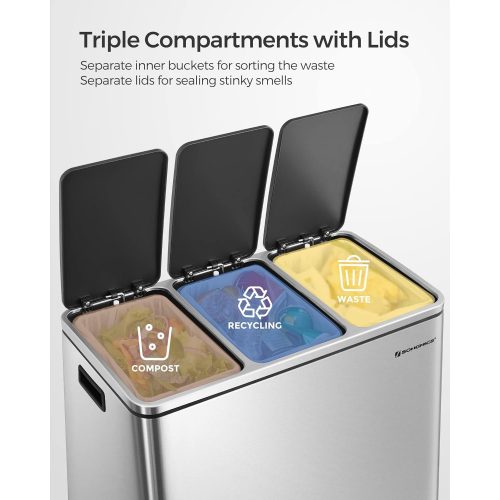 SONGMICS Hulladékgyűjtő, 3 x 18 L-es háromrekesszes konyhai szemetes, lábbal működtethető,