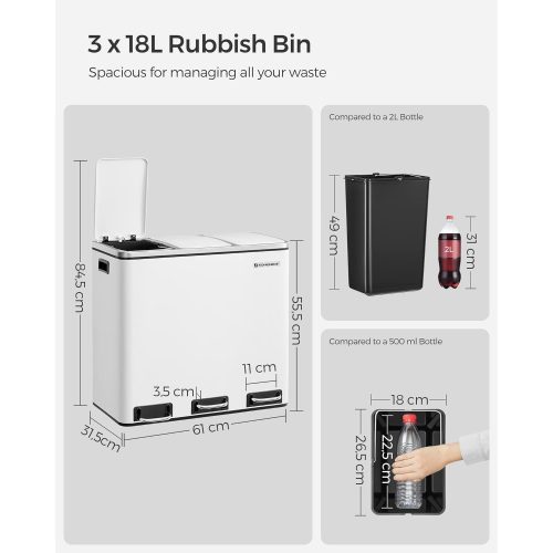 SONGMICS Hulladékgyűjtő, 3 x 18 L-es háromrekesszes konyhai szemetes, lábbal működtethető,