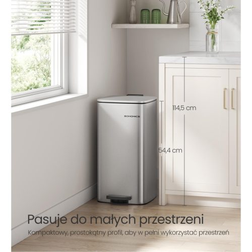 Szemeteskuka, 30L, pedálos, acél, lágy záródás, ezüst 30x30x70cm