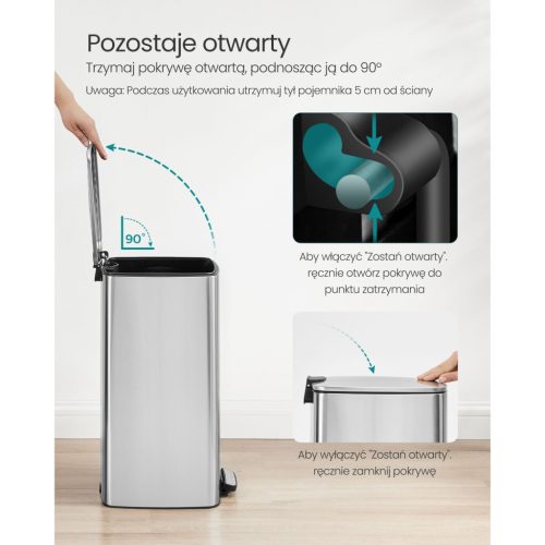 Szemeteskuka, 30L, pedálos, acél, lágy záródás, ezüst 30x30x70cm