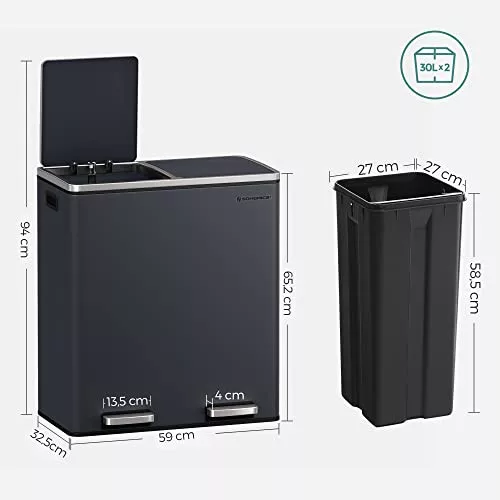 SONGMICS Dupla szemetes, 2 x 30 L-es két rekeszes konyhai szemetes, 15 szemeteszsák, fém lábbal