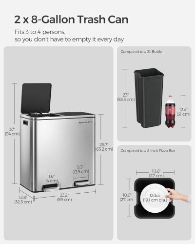 SONGMICS Dupla szemetes, 2 x 30 L-es két rekeszes konyhai szemetes, 15 szemeteszsák, fém lábbal