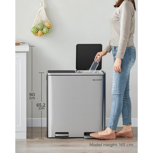 SONGMICS Dupla szemetes, 2 x 30 L-es két rekeszes konyhai szemetes, 15 szemeteszsák, fém lábbal