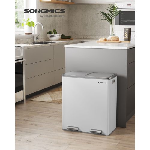 SONGMICS Dupla Szemetes, 2 x 30 L Két Rekeszes Konyhai Szemetes 15 Szemeteszsákkal, Fém