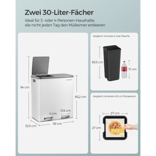 SONGMICS Dupla Szemetes, 2 x 30 L Két Rekeszes Konyhai Szemetes 15 Szemeteszsákkal, Fém
