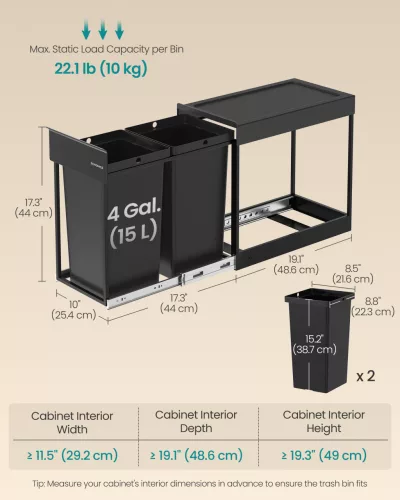Szelektív szemetes kuka, beépített, 2x15L, acél, fekete