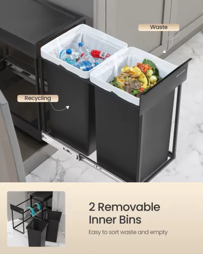Szelektív szemetes kuka, beépített, 2x15L, acél, fekete