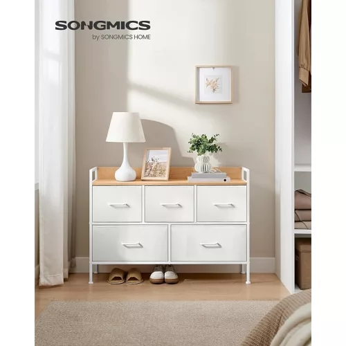 SONGMICS komód, szekrény, tárolóbútor, 5 szövetfiókkal, fogantyúkkal, fém vázzal, modern