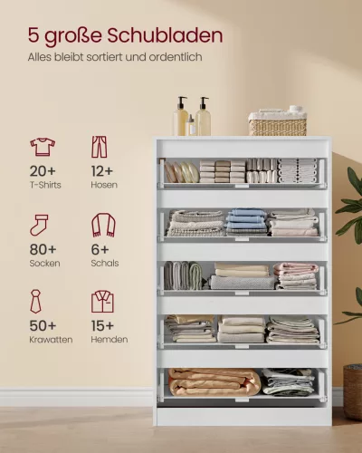 Tároló szekrény öt fiókkal, ruhás szekrény, modern stílus, hófehér